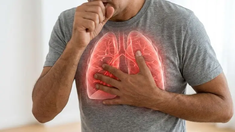 Homem tossindo com pulmão evidenciado por imagem ilustrativa