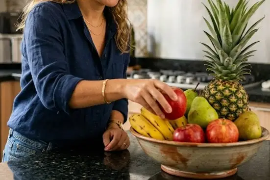 Mulher pegando uma maçã em uma fruteira
